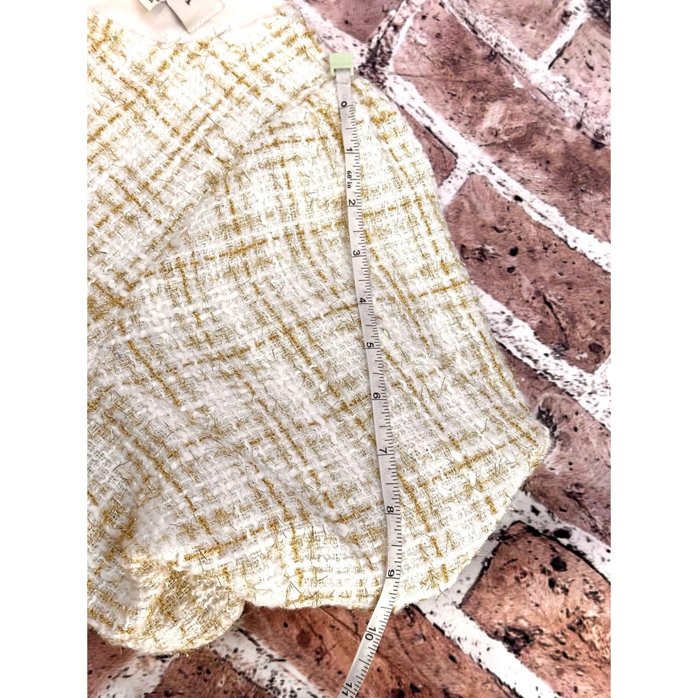 AURA Ivory Gold Metallic Tweed Puff Sleeve Mini Dress Faux Pearl M Old Money - Picture 13 of 13